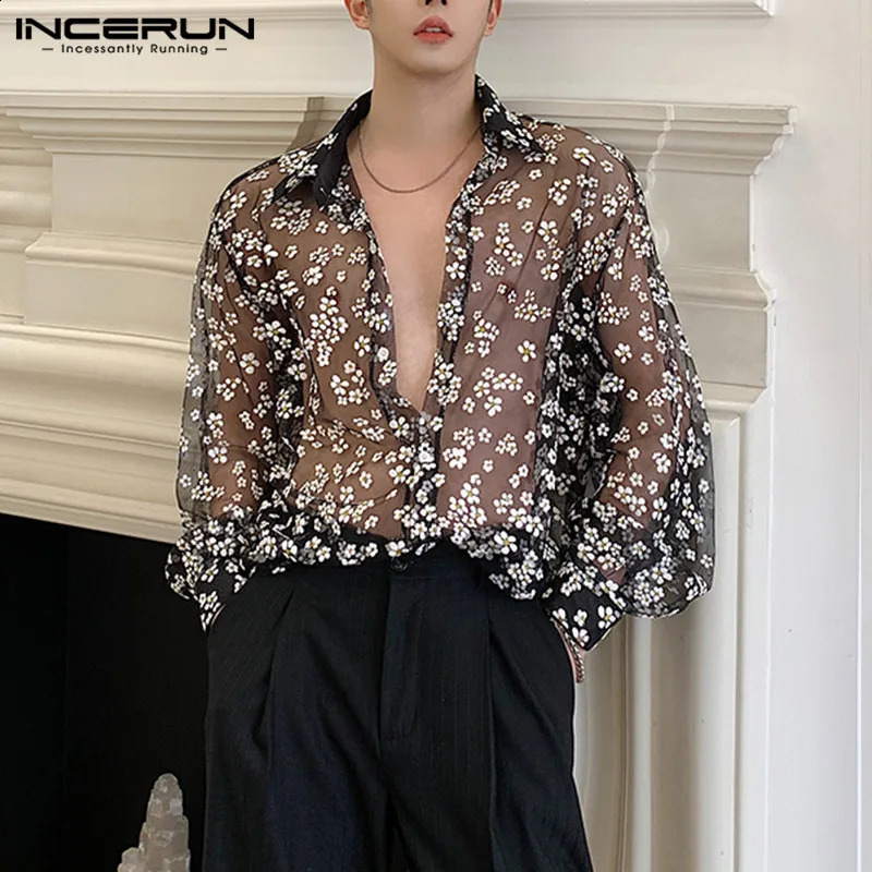 INCERUN Fashion Men Mesh Shirt Long Sleeve Transparent Printing Casual Loose Tops Streetwear Lapel Party Clubwear Tops Casmias 240729
