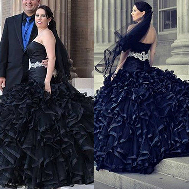 Ruffles Black Mermaid Wedding Dresses Sweep Train Pluffy Long Organza Gothic Wedding Gowns Lace Appliques Sweetheart Sleeveless Back Buttons Vestido D