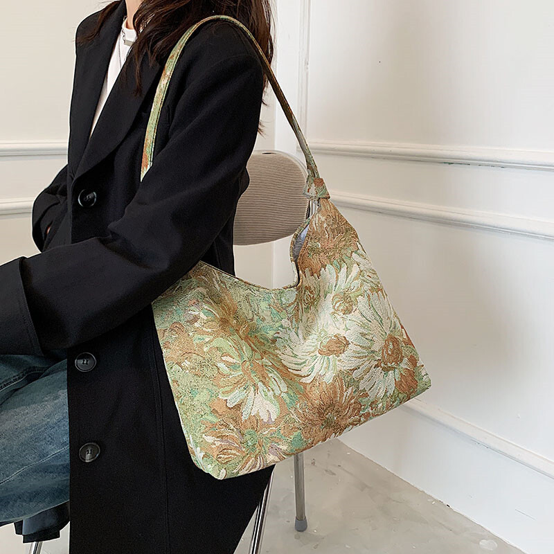 Large capacity women's French minimalist canvas oil painting ethnic style shoulder tote portable bucket bag H729#11 ddmy a154