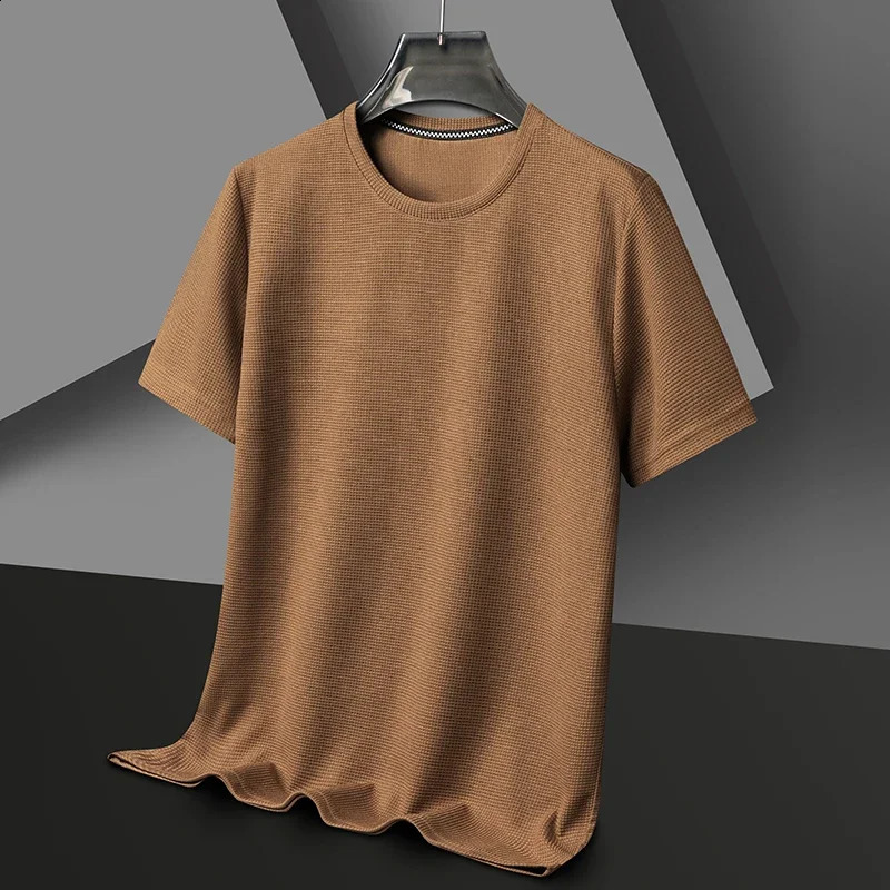 Summer Waffle Round Neck Short Sleeved T-shirt for Mens Short Sleeved Top 240814
