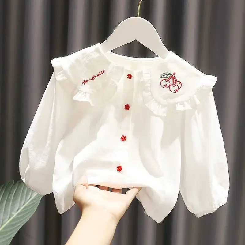 Girls Shirt Spring/Summer 2023 New Polo Neck Cotton Long sleeved White Shirt Girls Childrens TopW240729