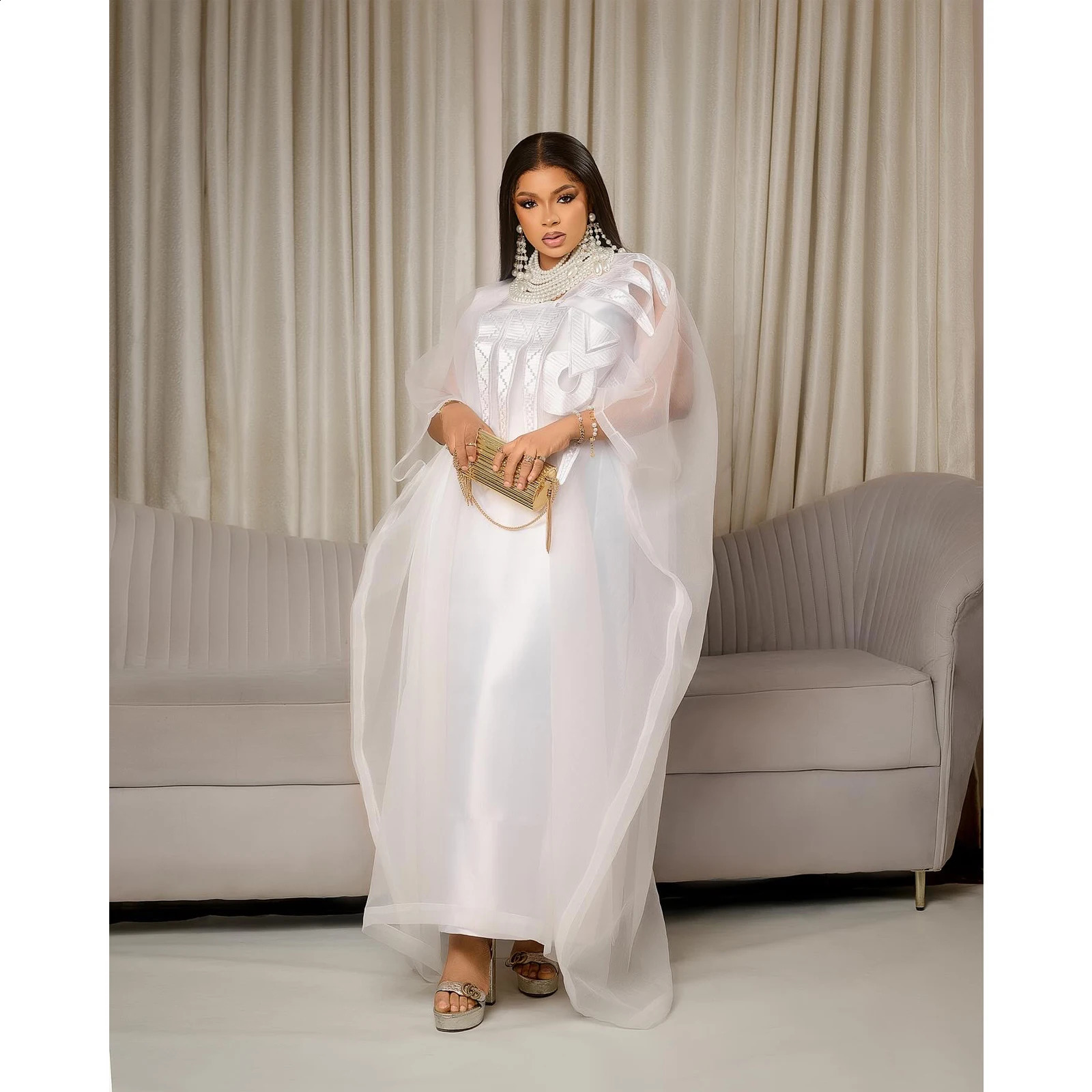 African Attire For Women White Abaya Embroidery Plus Size Elegant Party Church Dress 240722