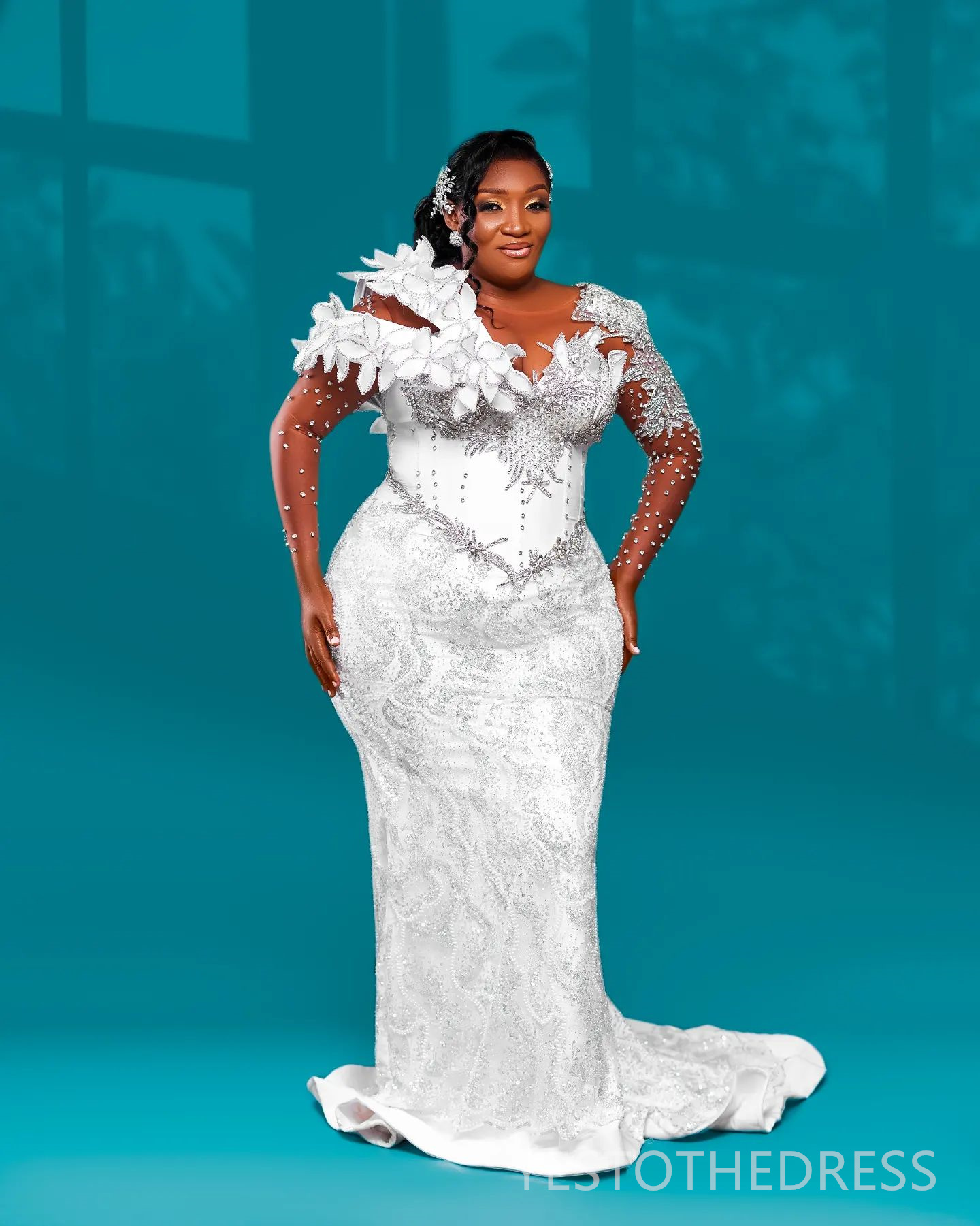 R&W 2024 Plus Size Mermaid Dress Bridal Bride Illusion Sheer Neck Bead Pearls Rhies Decorated Beaded Lace Ruffle Wedding Gowns for Marriage D283