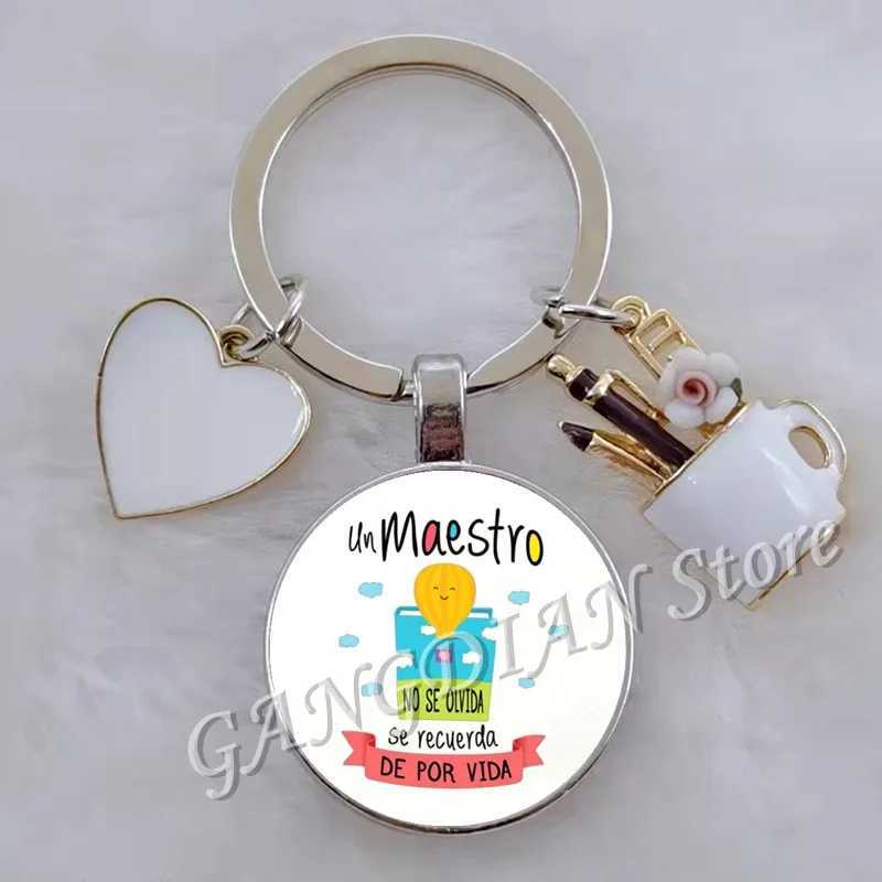 Gift for teachers with Spanish printed handmade glass convex circular keychain DIY keychainL240729