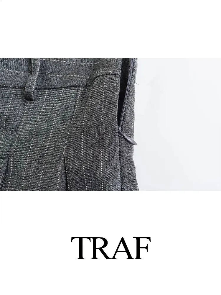 TRAF Spring Womens Fashion Grey 2piece Set Knitted Pocket Ultra Thin Jacket CoatZipper Versatile Mini Skirt 240819