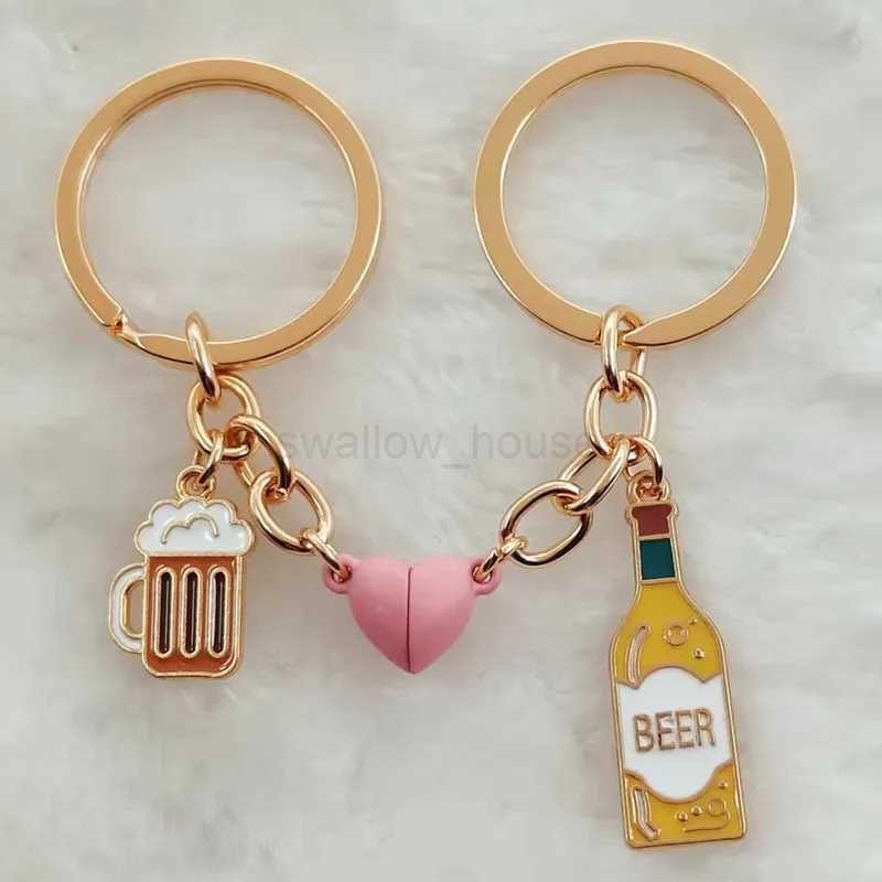 Enamel Keychain Beer Mug Magnetic Button Keychain Ladies Men Bar Bag Accessories Car Keychain Couple Gift JewelryL240729