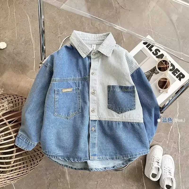 New boy striped shirt fashionable casual soft denim shirt childrens baby thin shirt jacket spring and autumn topsW240729