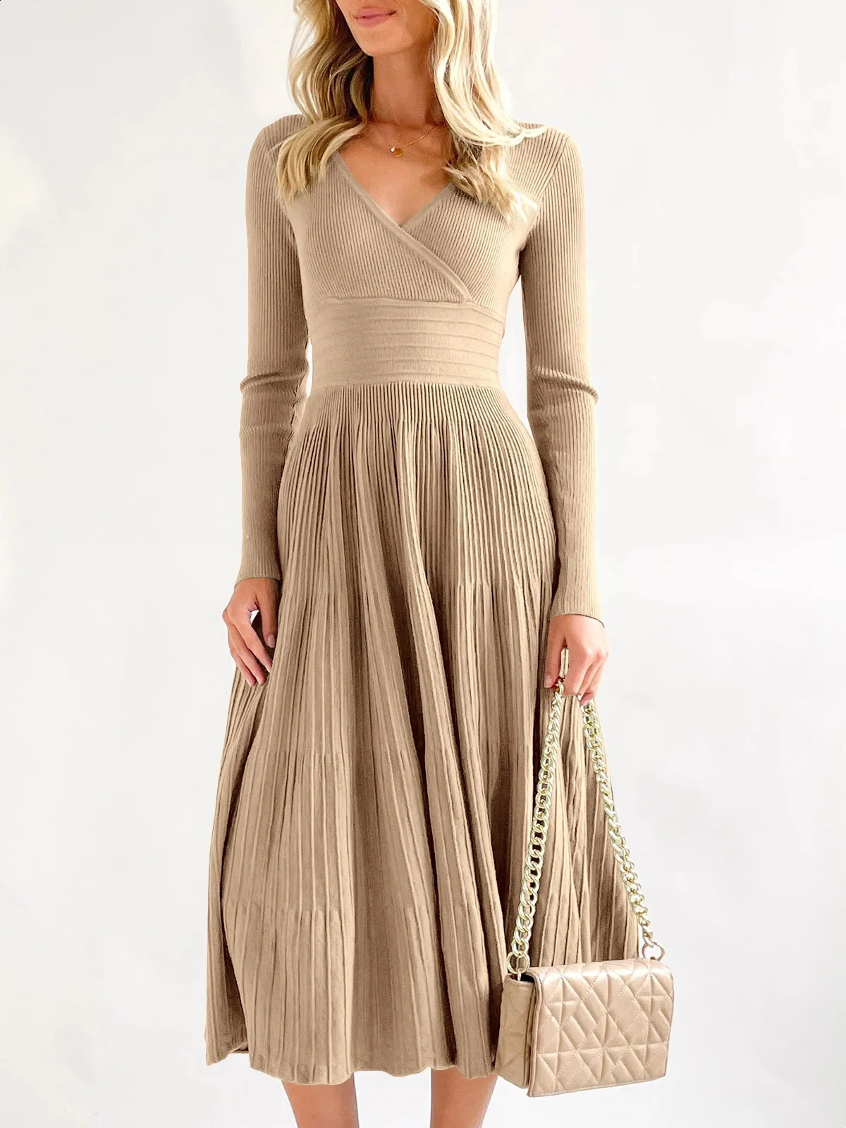 V Neck Elegant Knit Maxi Dress Office Lady Women Clothes Long Sleeve A-Line Pleated Sweater Dresses High Waist Slim Streetwear 240729