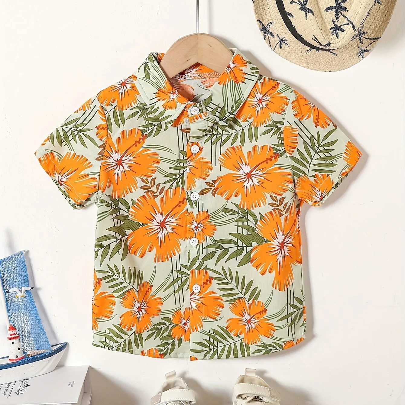 Boys Summer Holiday Party Style Flower and Leaf Full Print Childrens Short Sleeve Collar Shirt Childrens Summer TopW240729