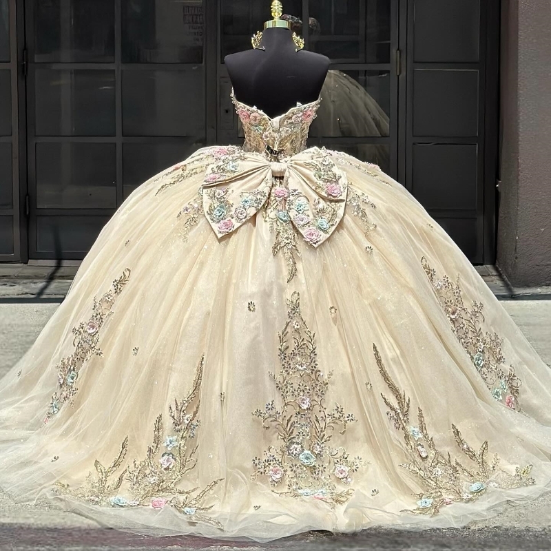 Champagne Quinceanera Ball Gown Off The Shoulder Sequined Appliques Bow Beads Birthday Dress Lace Up quinceanera de 15 anos