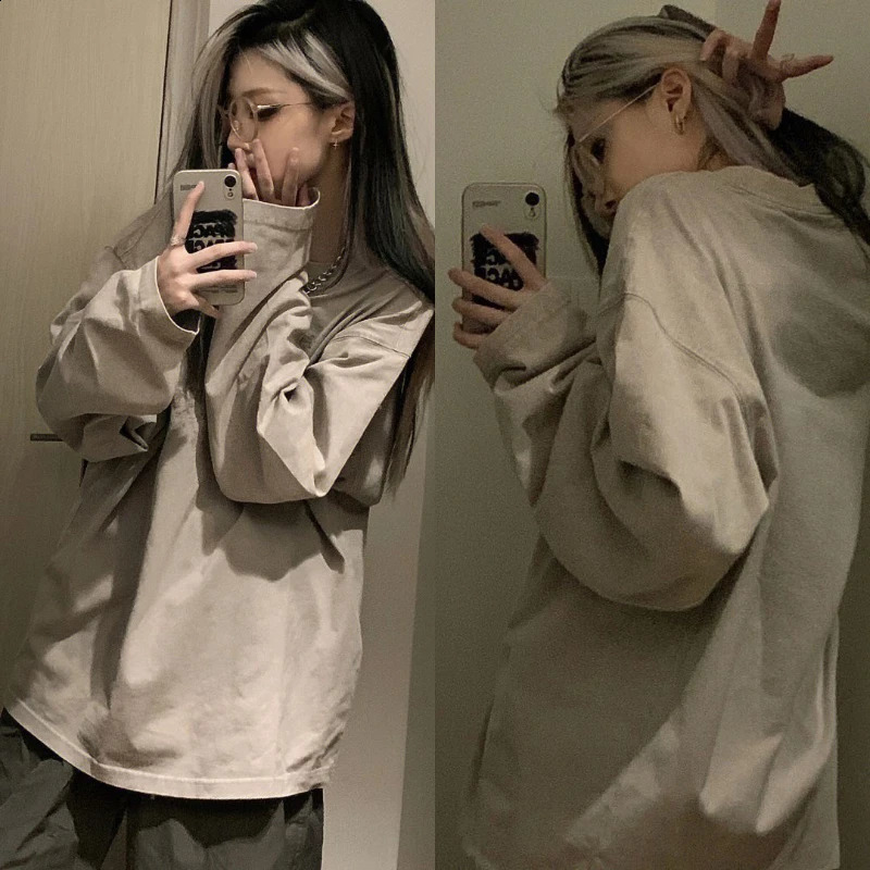 Summer Harajuku Khaki Long Sleeve Tshirts Women Y2k Vintage Print Tees 90s Streetwear Graphic T Shirts Girls Oversize Loose Tops 240729