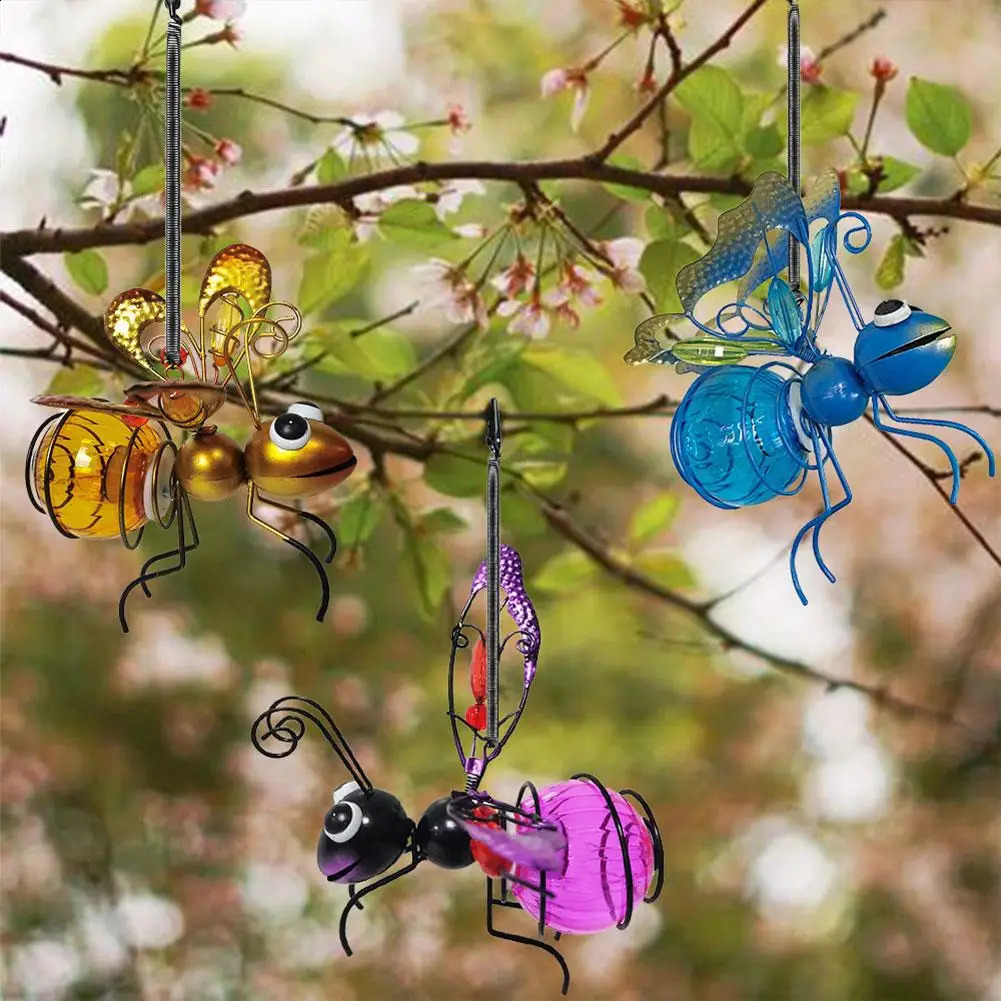 Solar Iron Insect Statue With LED Fairy Light Outdoor Waterproof Hanging Tree Ornament For Fence Yard Courtyard Garden Art Decor 240729