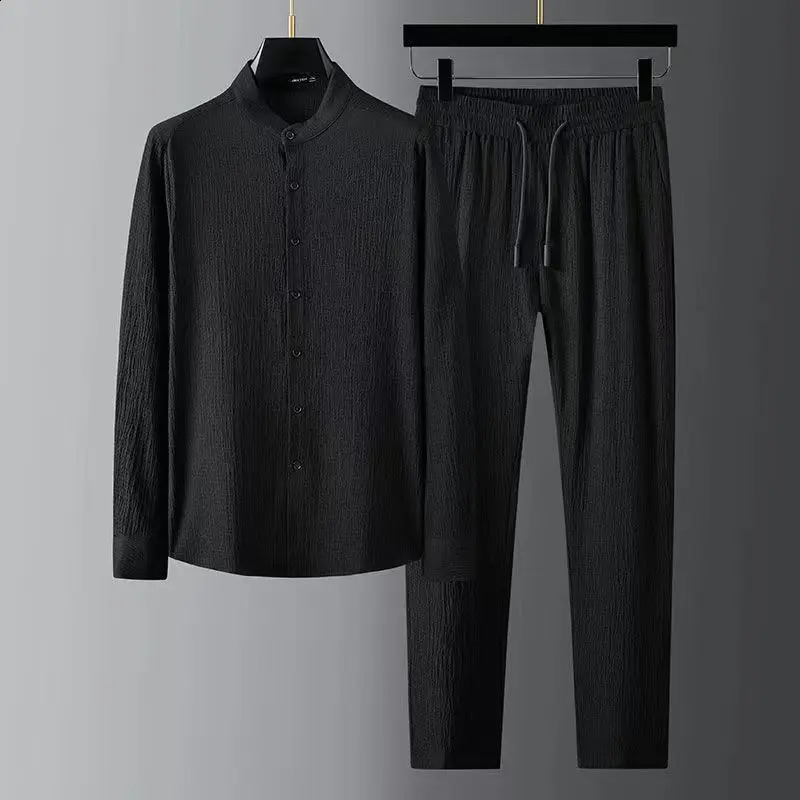 Spring Summer Fashion Suit Men Long Sleeve Casual Shirts And Pant Seersucker Striped Pleats Slim Handsome Two-piece Set 240816