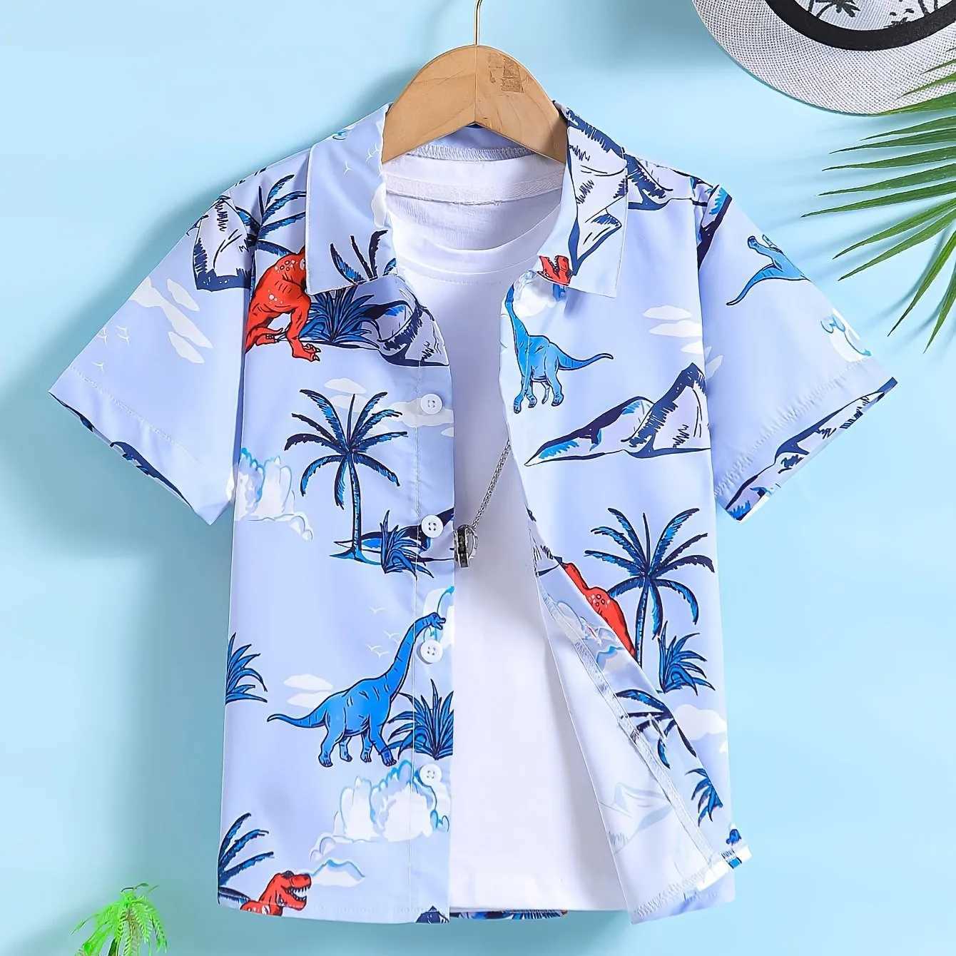Boy and girl cartoon creative printing pattern cute short sleeved casual comfortable button loose summer holiday shirtW240729
