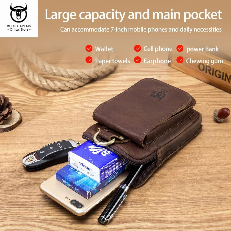 BULLCAPTAIN Mens Genuine Leather Waist Bag Retro Casual 6.7-Inch Mobile Phone Bag Multifunctional Double Layer Waist Bag 240729