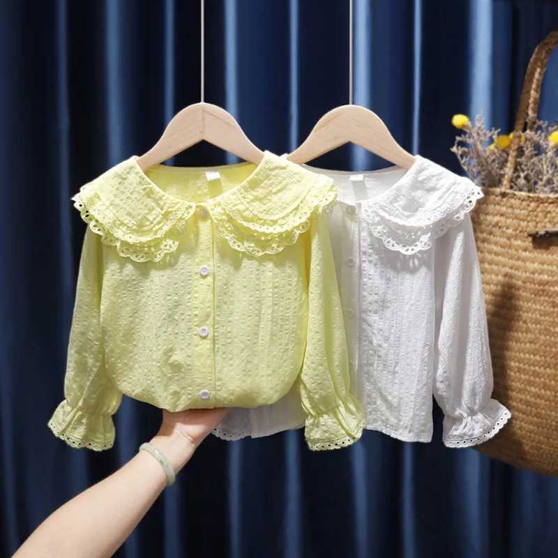 Girls fashionable white shirt childrens new lapel shirt flash sleeve top childrens long sleeved lace casual shirtW240729