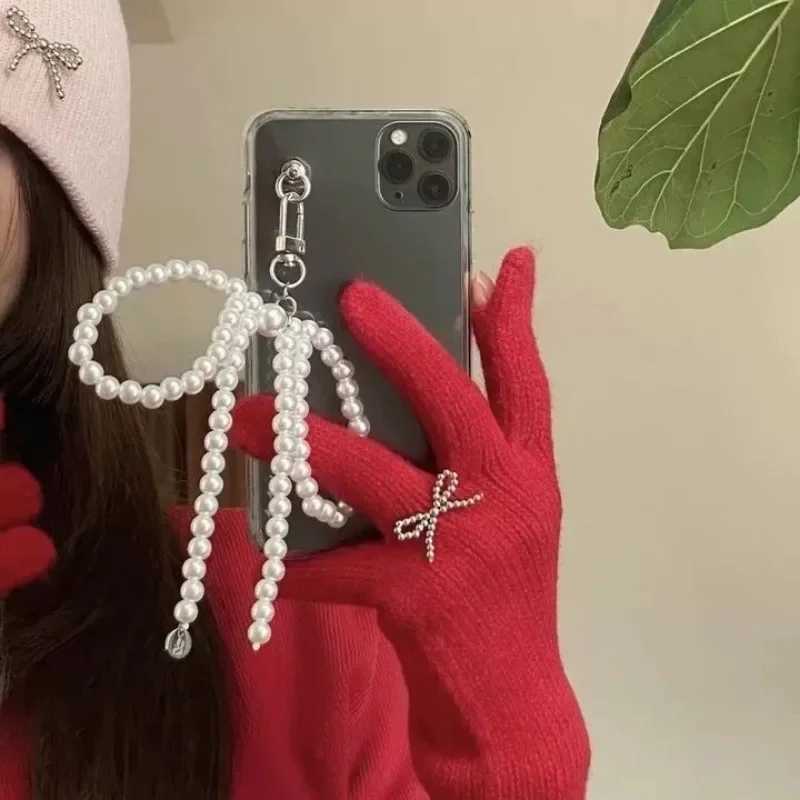 Korean Sweet Pearl Bow Phone Charm Pendant Keychain for Bag IPhone Samsung Accessories Women Girl Strap Lanyard Pendant DecorL240729
