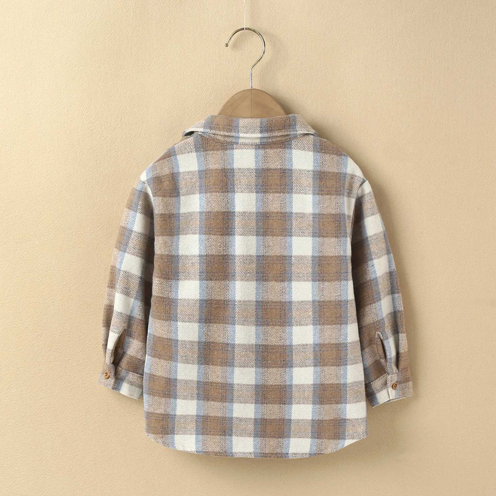 Baby child girl boy casual collar shirt long sleeved checkered pattern single chest top plain shirtW240729