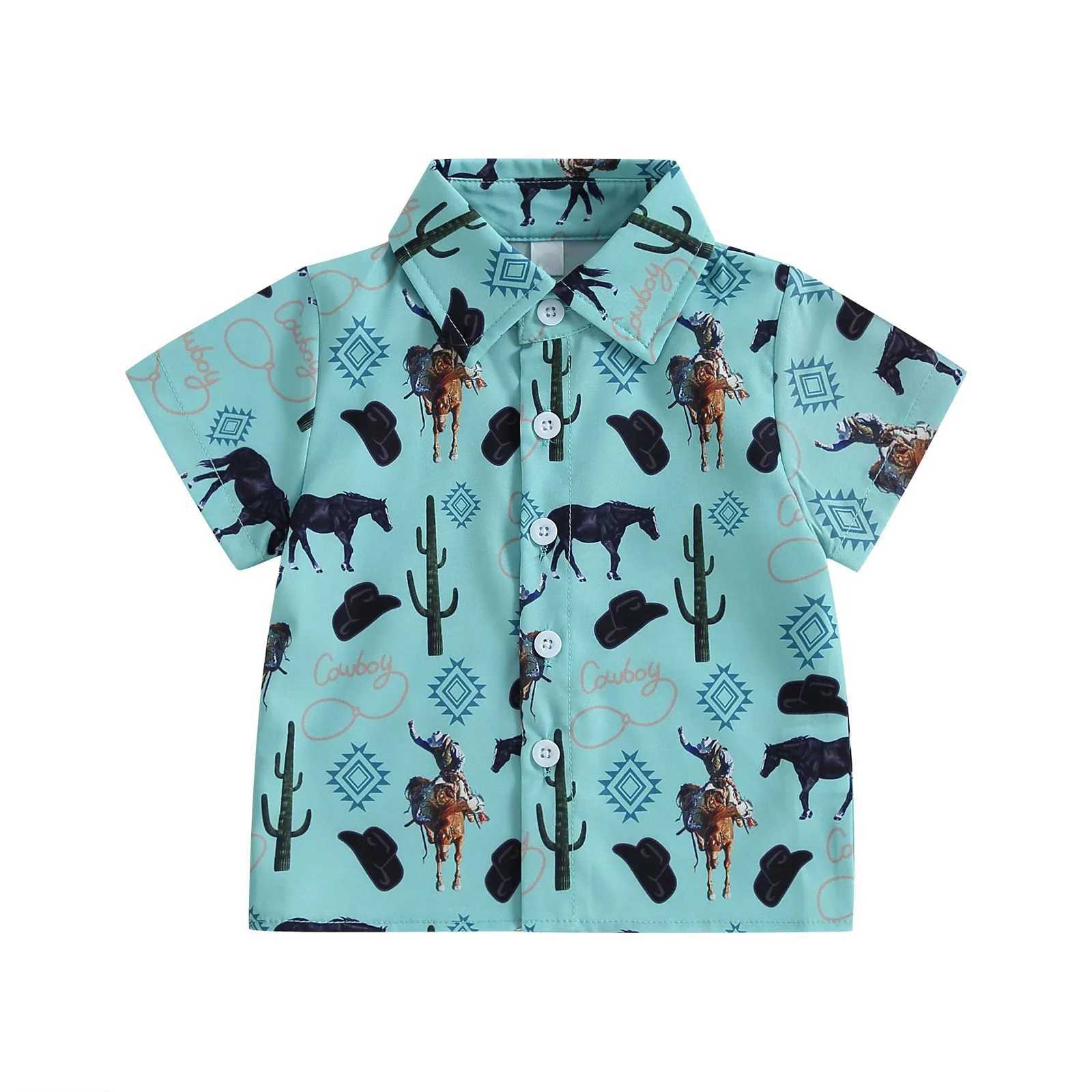 Childrens boys shirt Western style denim head print lapel fashion short sleeved summer casual fashion topW240729