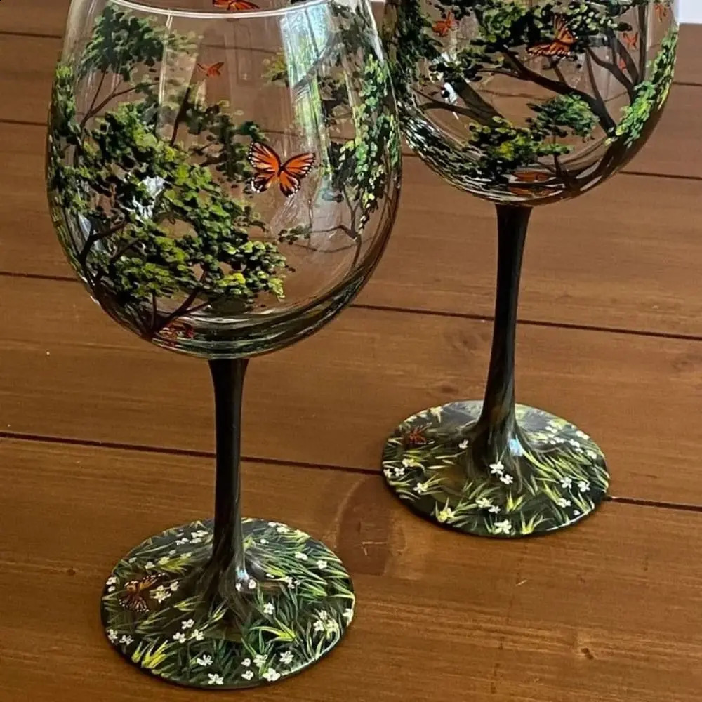 Update Four Seasons Trees Glasses Creative Printed High Legged For Wine Beer Cocktail Large Capacity Glass Cup Set 240729