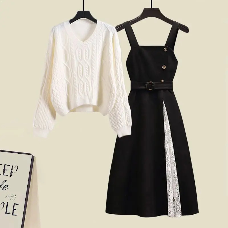 Winter Set Large Womens Wear Korean Style Age Reducing Knitted Sweater with Hanging Dress Two Piece 240729