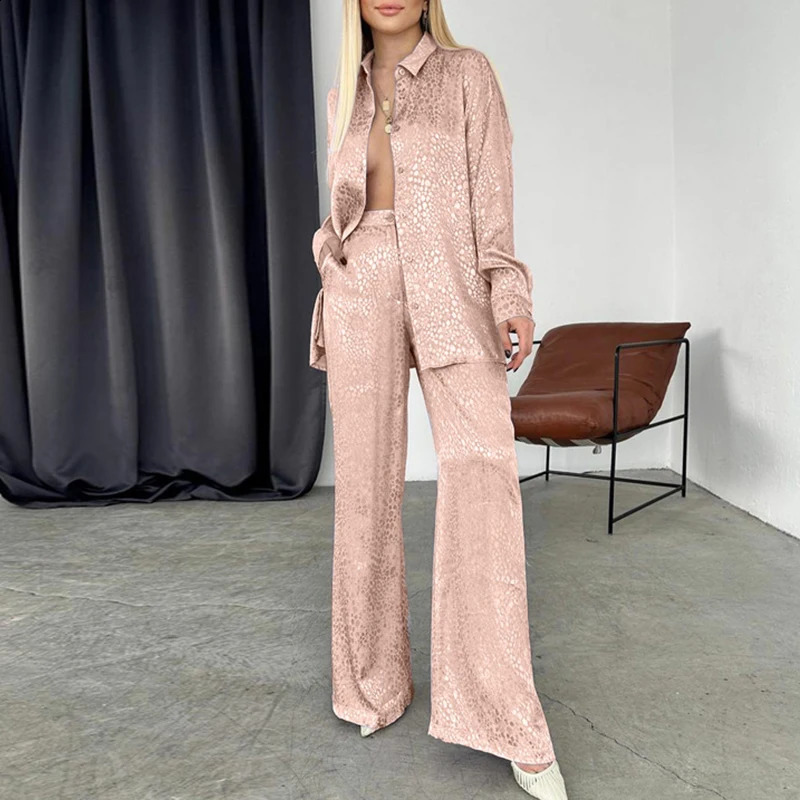 Elegant Satin Loose Straight Pants Outfits Leopard Print Spring Two Piece Sets Casual Commuting Long Sleeved Womens Suit