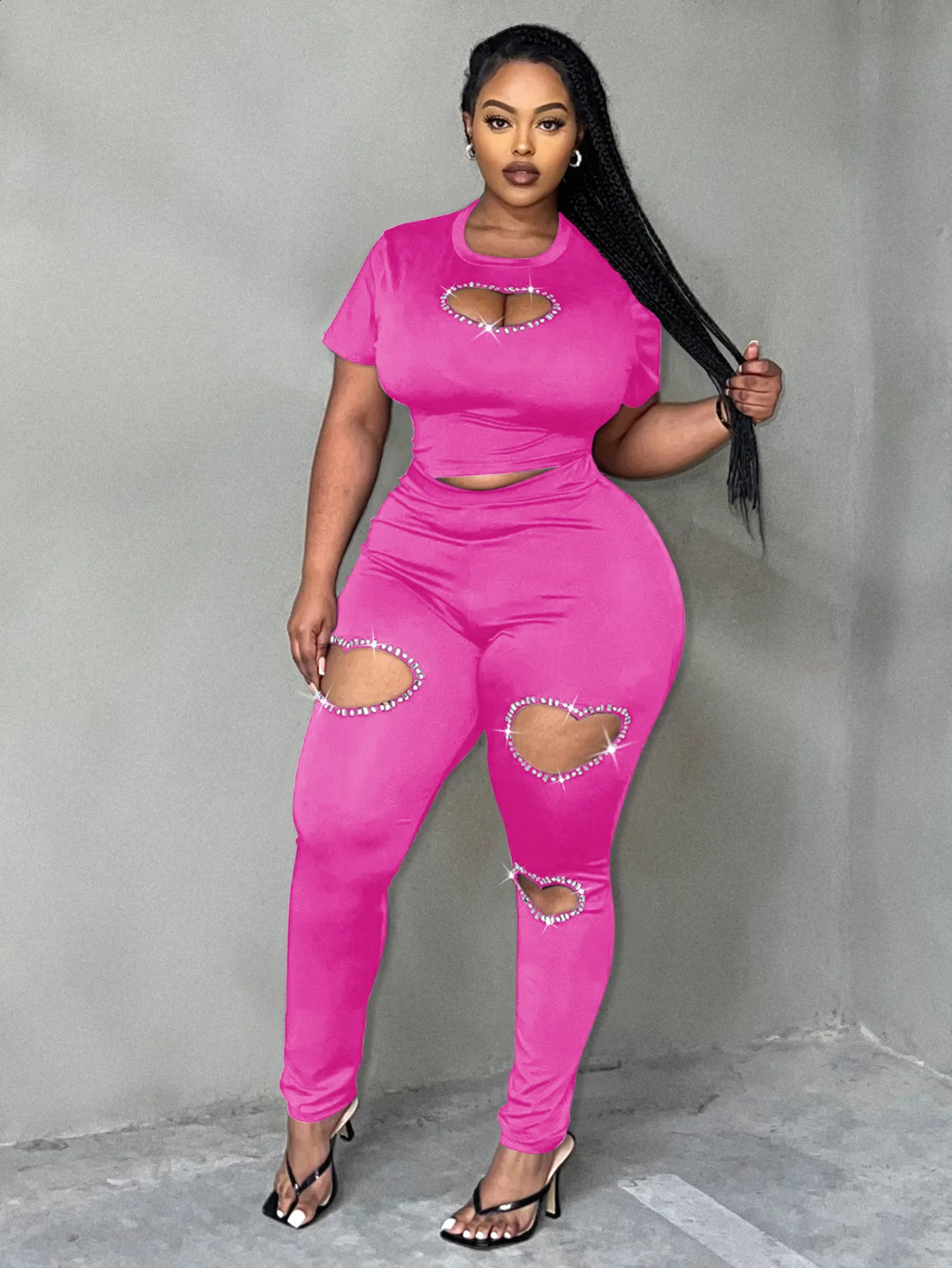 LW Plus size twopiece short sleeved topheartshaped cut pants set casual womens autumn item 240722