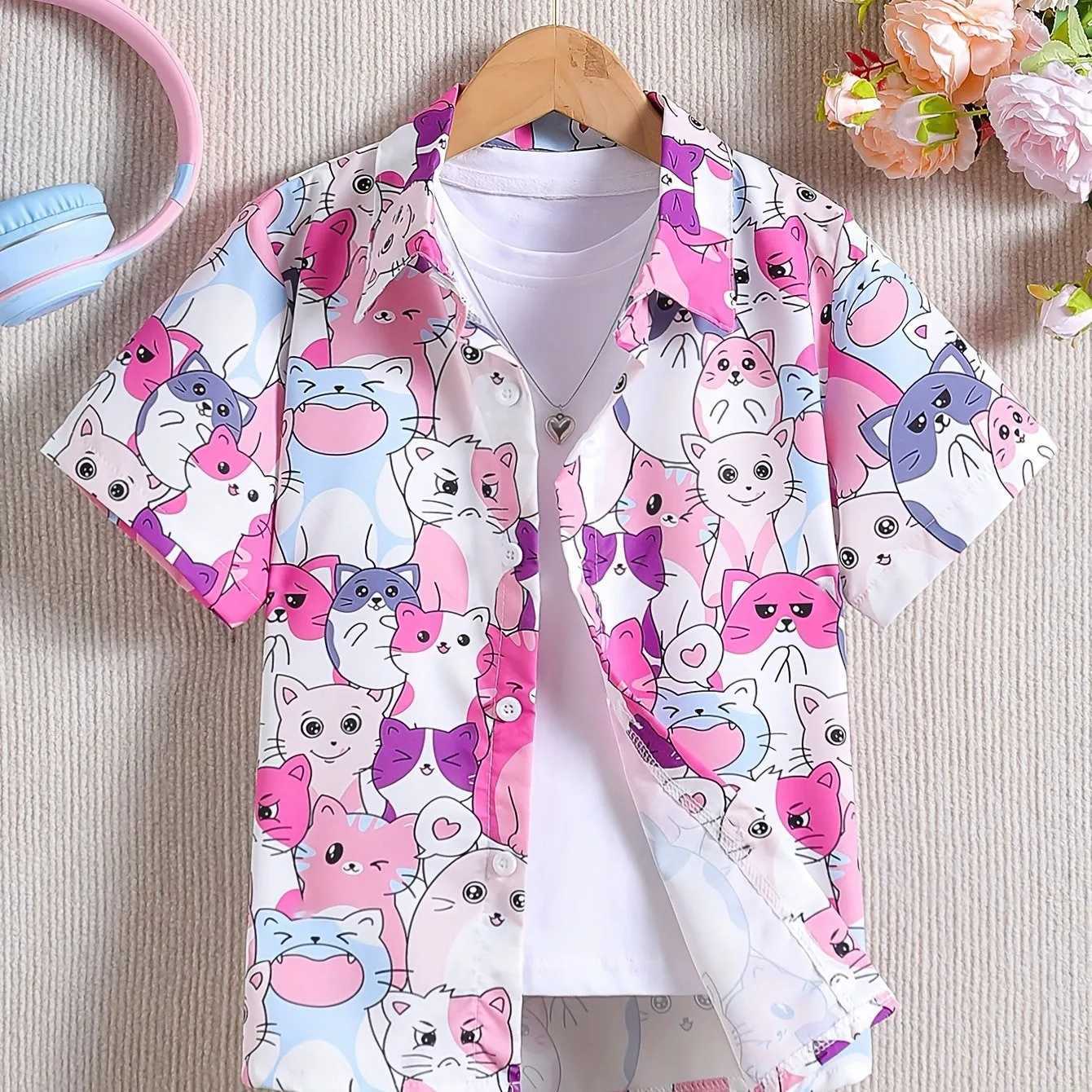 Boys and girls cartoon fashion printed pattern cute short sleeved casual shirt childrens clothing button loose holiday shirt topW240729