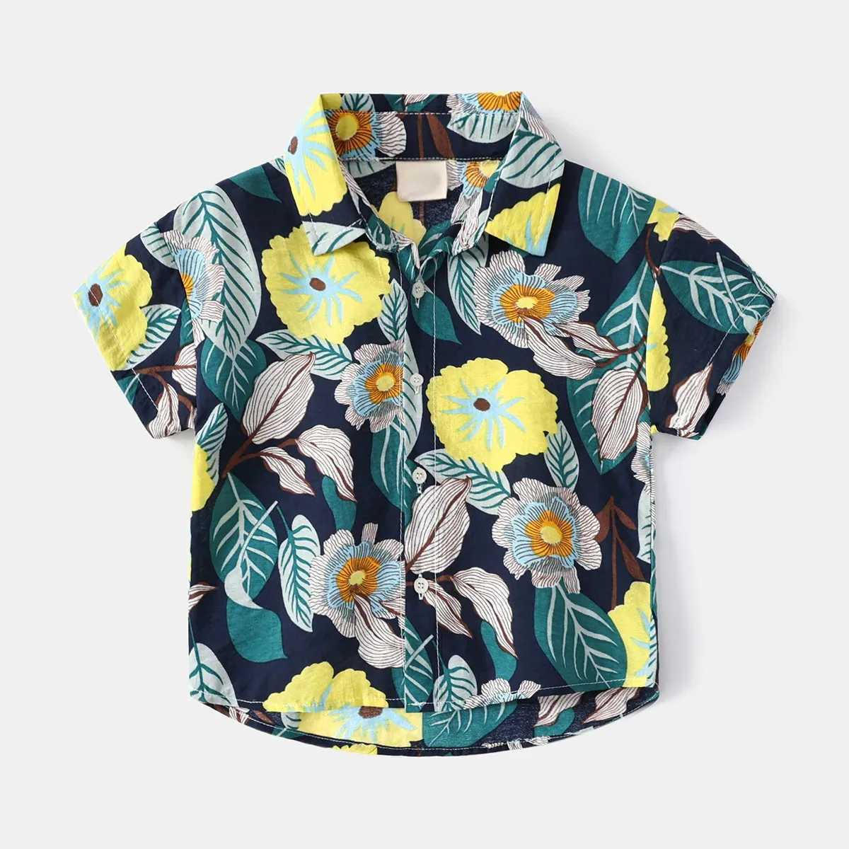 New Boys Fashion Shirt 2024 Summer Boys Cartoon Full Leaf Printed Collar Shirt Short Sleeve Top Childrens Casual ClothingW240729