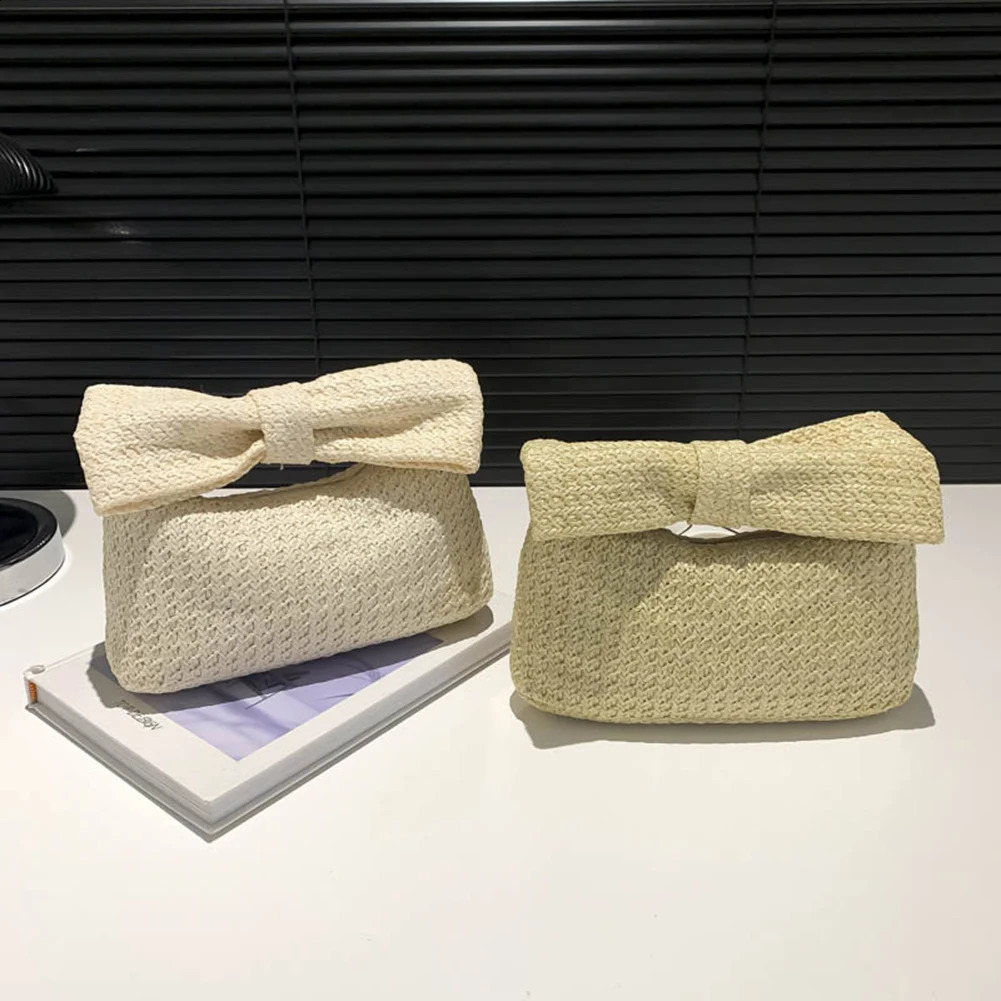 Knotted Summer Beach Bag Woven Bow Evening Clutch Handbag Solid Color Top Handle for Women Party Vacation Wedding 240731