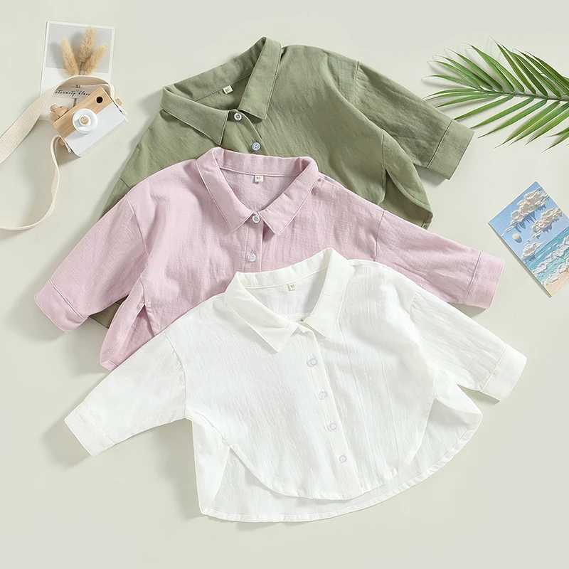 Cotton casual childrens shirt childrens baby girl boy summer top short sleeved lapel solid color button down shirtW240729