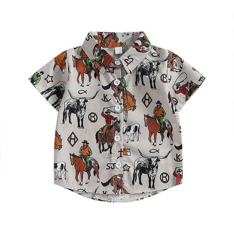 Childrens boys shirt Western style denim head print lapel fashion short sleeved summer casual fashion topW240729