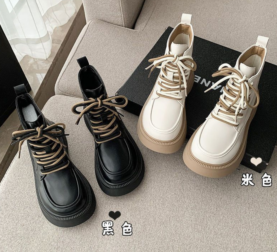 New fashionable retro round toe British style single shoe with thick heel and lace up leather surface Martin boots