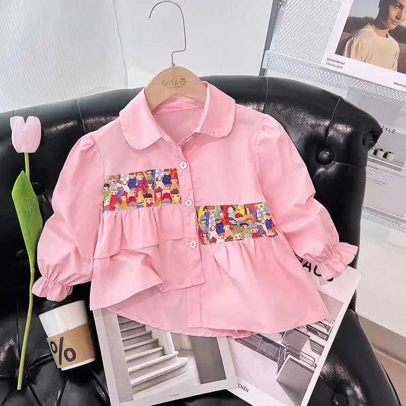 Childrens Girl Baby Shirt 2023 New Childrens Spring and Autumn Clothing Splicing Long Sleeve Jacket Autumn Casual ShirtW240729