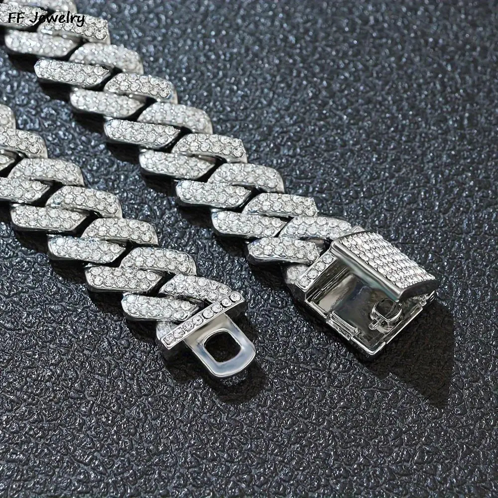 14mm Hip Hop Shiny Cuban Link Chain Bracelets Women Men Gold Color Rhinestone Iced Out Chain Bracelets Punk Wristband Jewelry 240717
