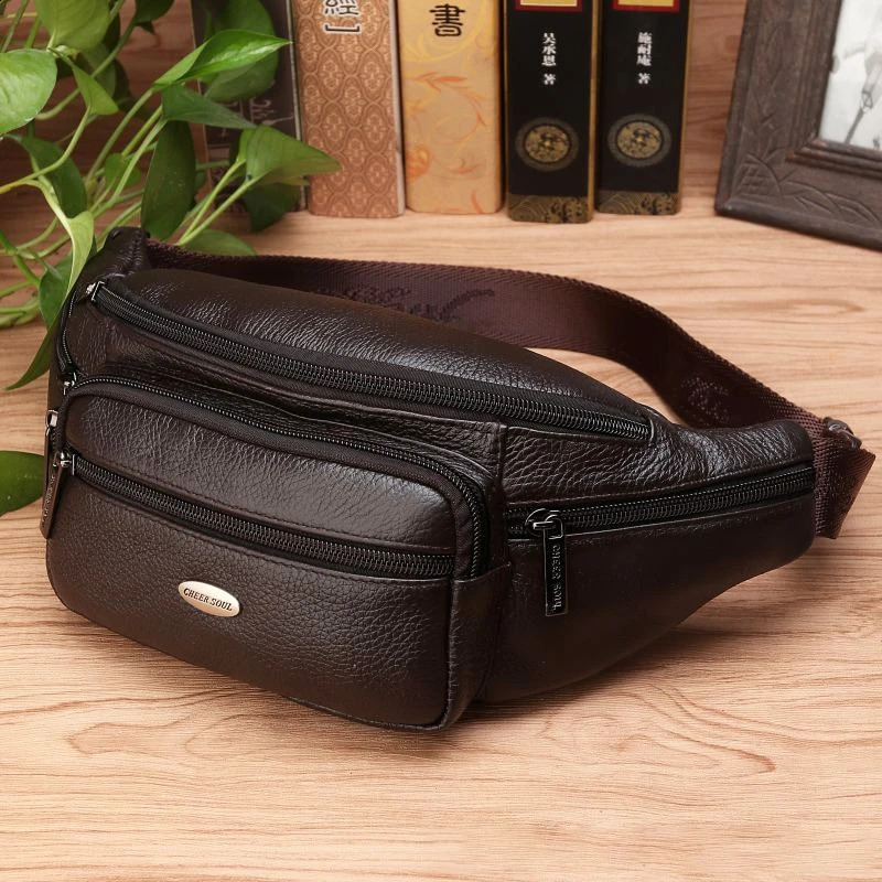 Genuine Leather Men Waist Fanny Pack Bags Sling Chest Pocket Pouch Travel Hiking Male Real Cowhide Loop Hip Belt Bum Bag 240729