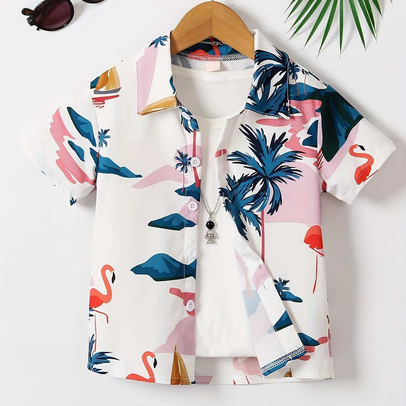 New Beach Camping Bus Printed Boys Novel Casual Short Sleeve Collar Shirt Childrens Top Fashion Childrens ShirtW240729