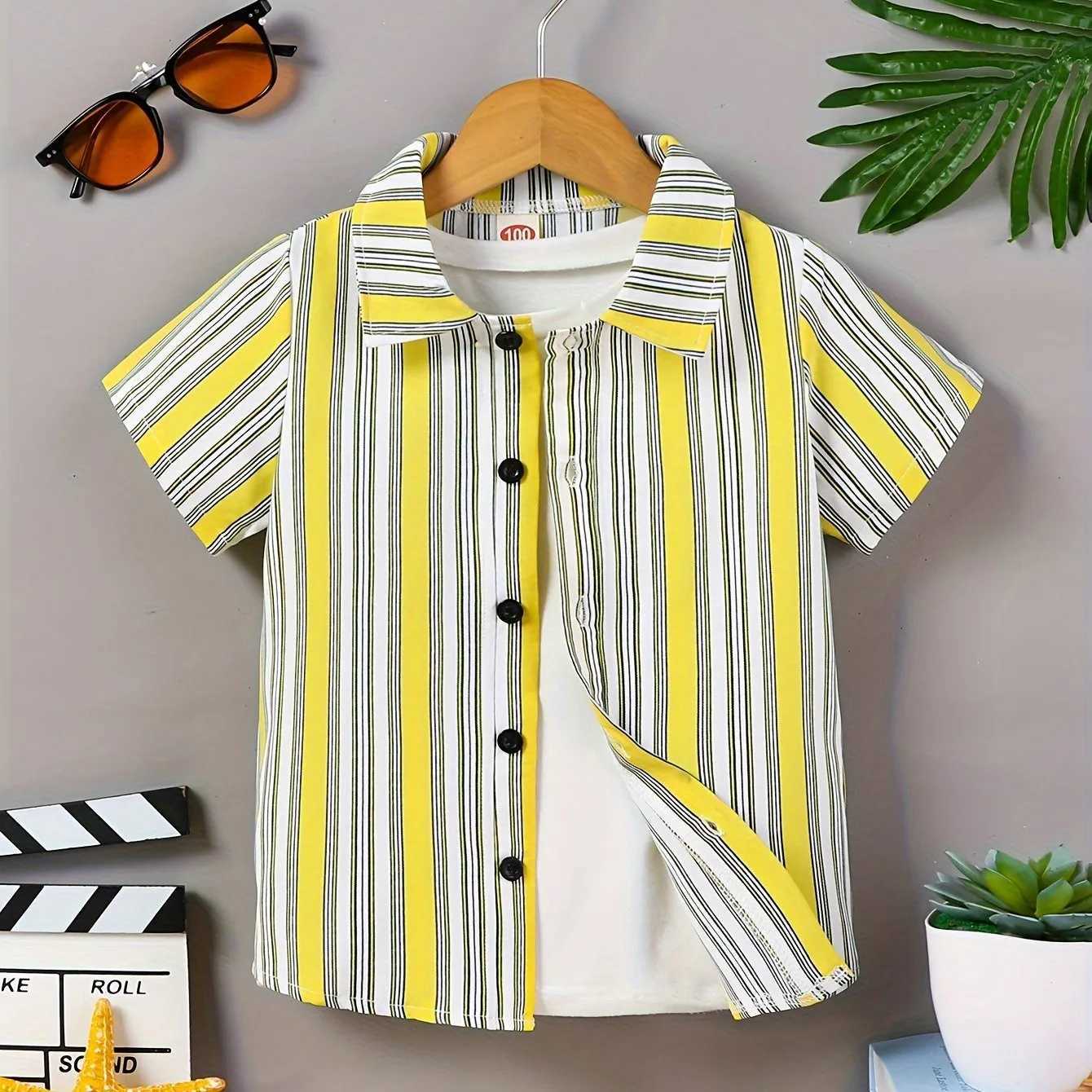 Childrens clothing creative cartoon pattern shirt for girls and boys casual short sleeved collar shirt top for boys daily summer clothingW240729