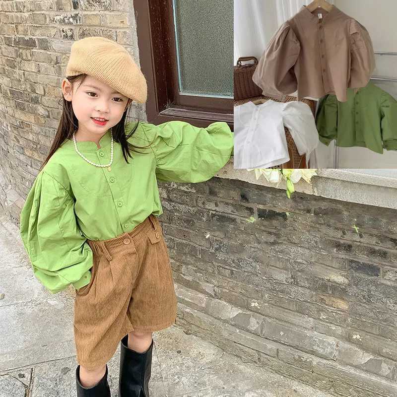 2024 Spring/Autumn Clothing Childrens Girls Solid Puff Sleeve Shirt Childrens Cotton Loose Fashion Top Baby Casual Full Match ShirtW240729
