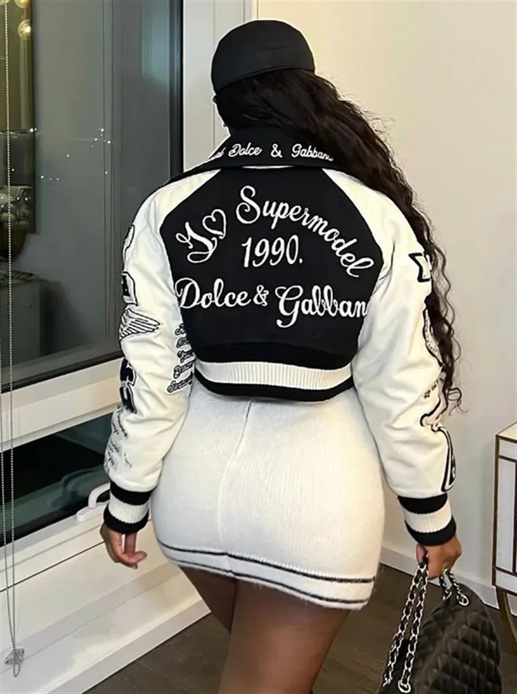 Casual 2024 Sping Long Sleeve Short Coat Fashion Letter Print Patchwork Single Breasted Bomber Jackets Outerwear Varsity Jacket 240729