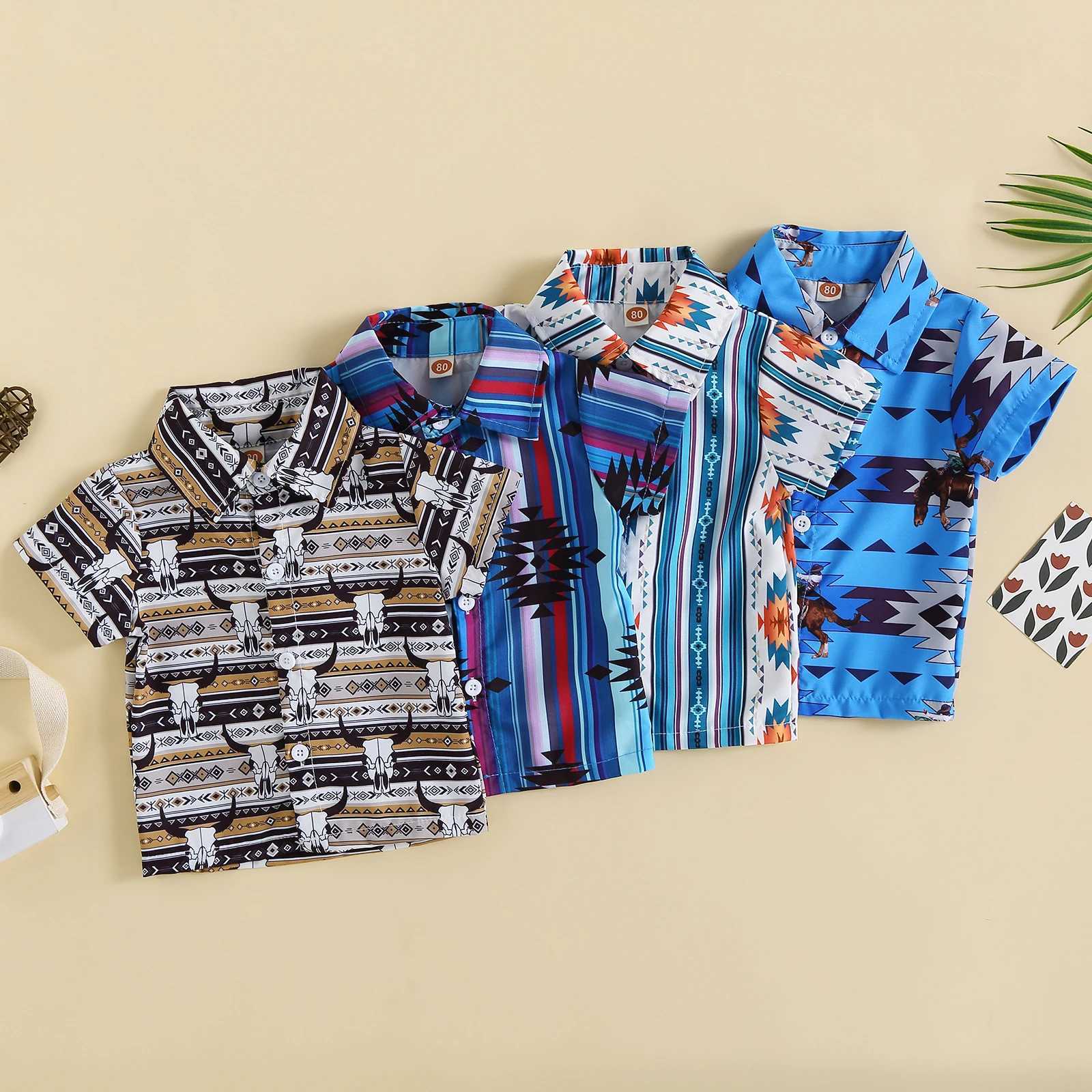 FOCUSNORM 0-3Y Preschool Boys Summer T-shirt Western Geometry/Cow Print Short Sleeve Button ShirtW240729