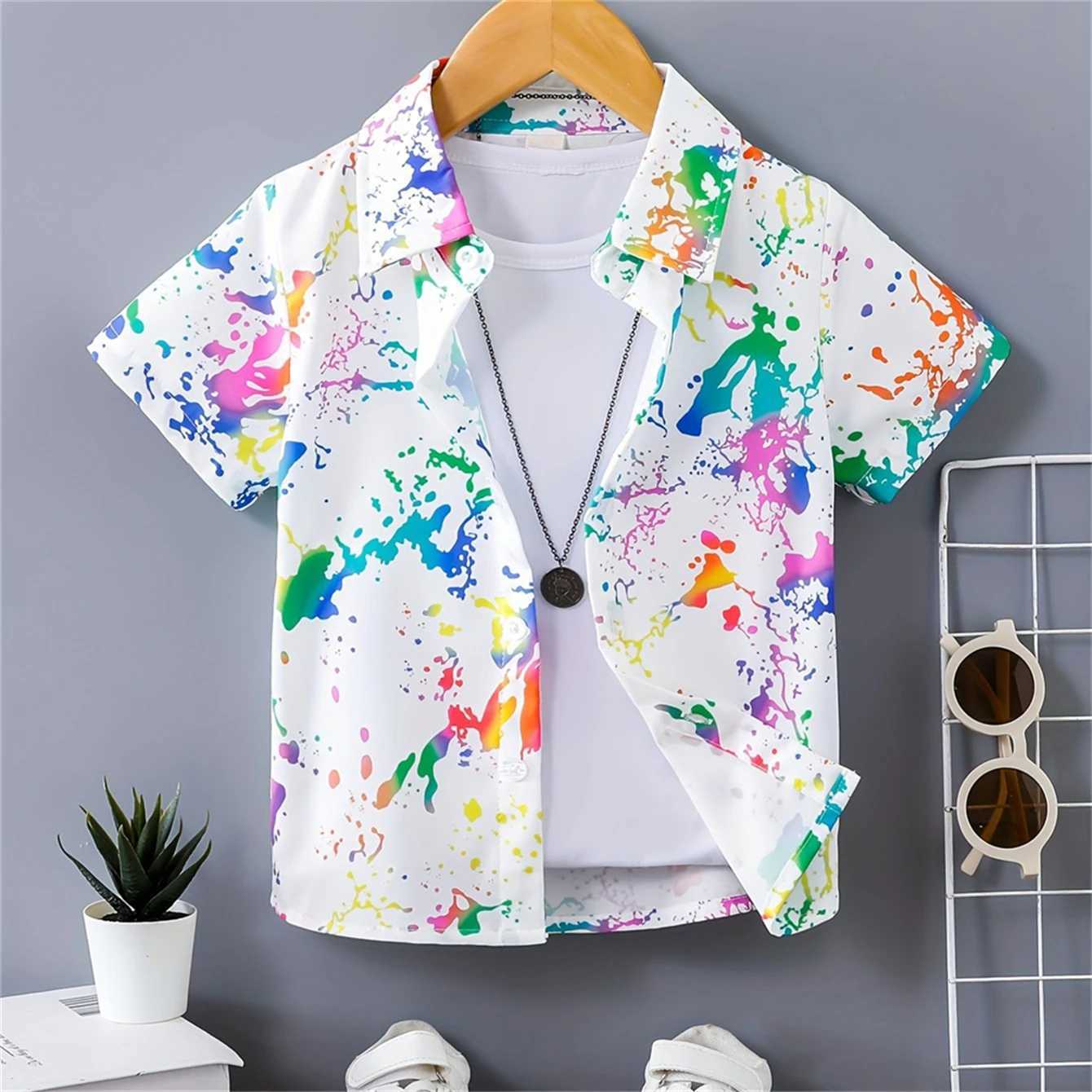 Colorful splash ink printing boys creative shirt casual short sleeved lapel shirt top childrens boys summer outdoor T-shirtW240729