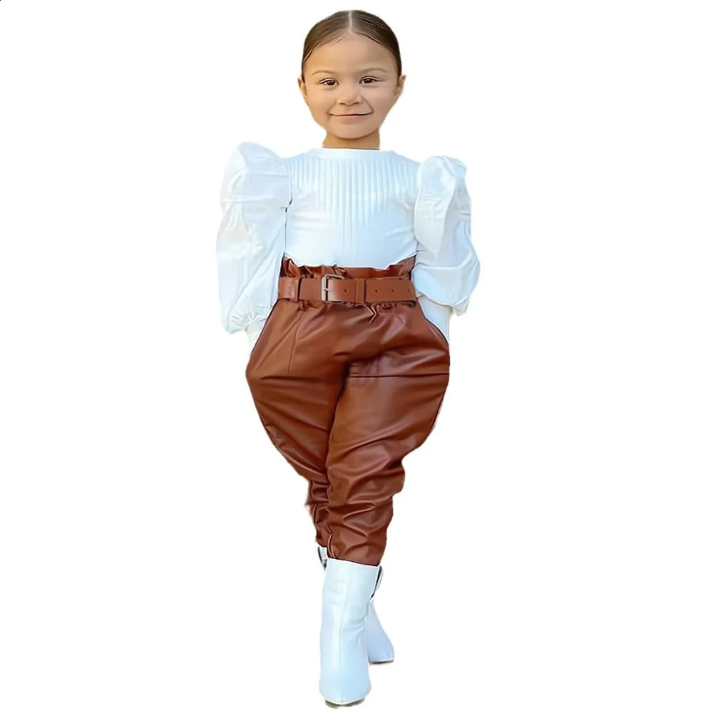 Fashion Toddler Kids Girls Clothing Set Long Puff Sleeve Ribbed Blouse TopsPU Leather Pants with Belt 2pcs Elgant Children Suit 240729