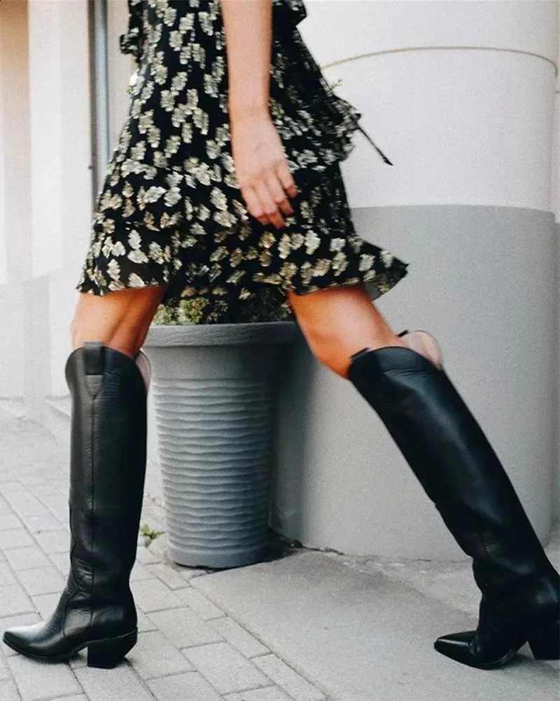 2025 new Black Western Women Wedge Heels Knee High Fashion Pointed Toe Shoes Winter Slip On Cowgirl Boots Botas