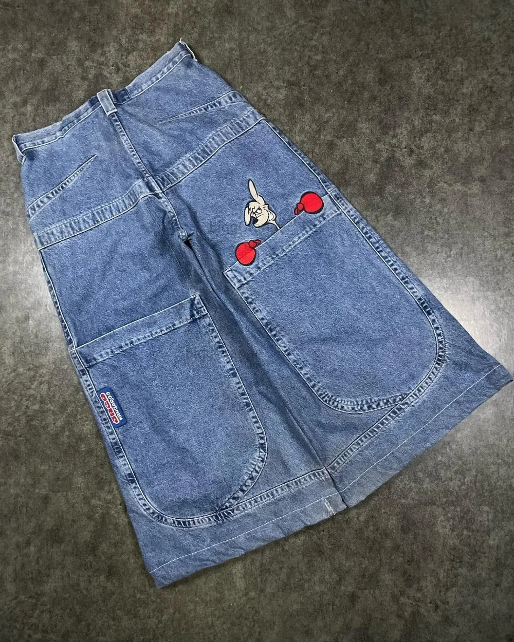 Harajuku Personality Big Pocket Boxing Kangaroo Print Wash Wide Leg Jeans Y2K HipHop Street Casual Loose Denim for Men and Women 240821