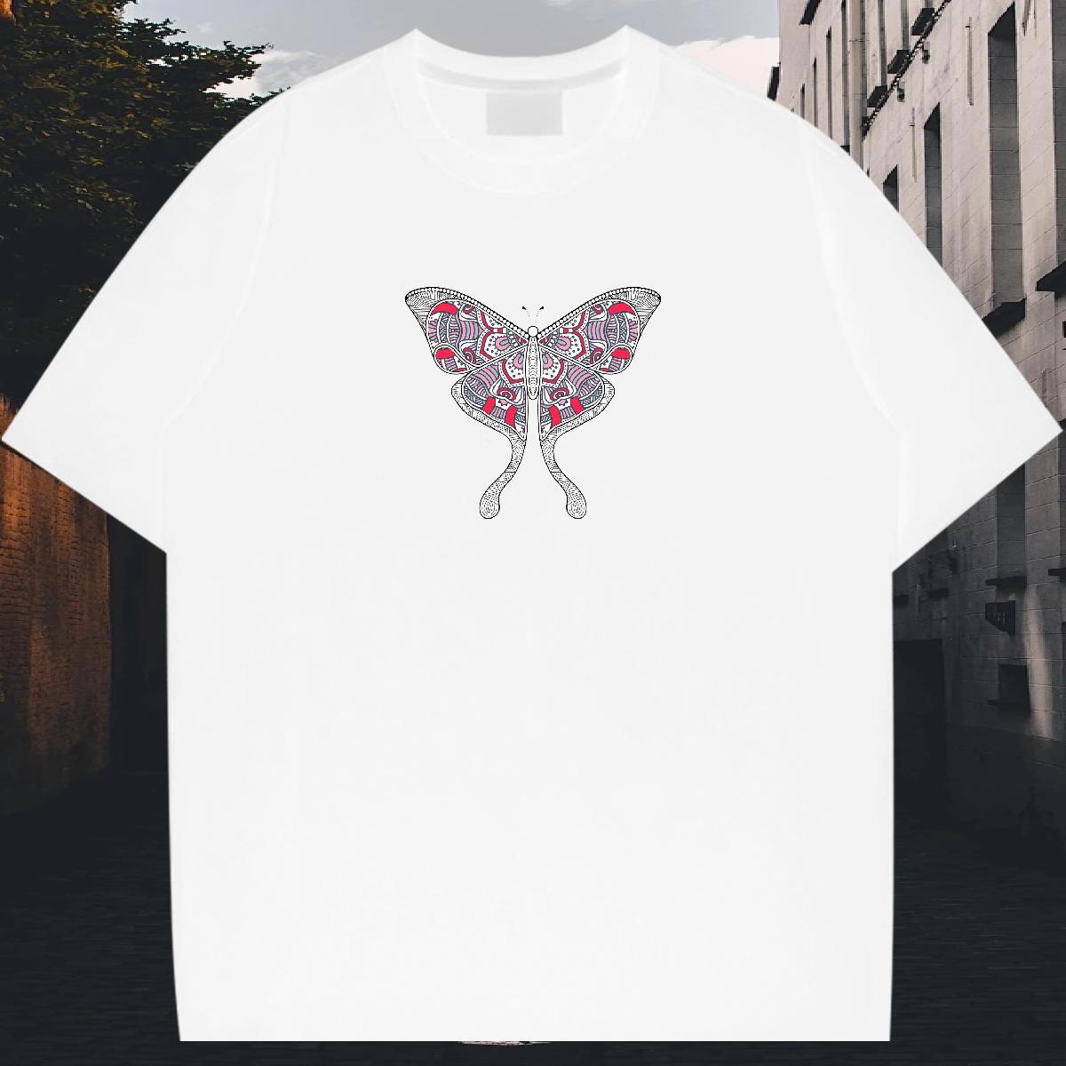 Free Shipping Men Tshirts 230g 100% Cotton Sport Butterfly Floral Print Breathable Crew Neck Casual New Mens T Shirts Clothings