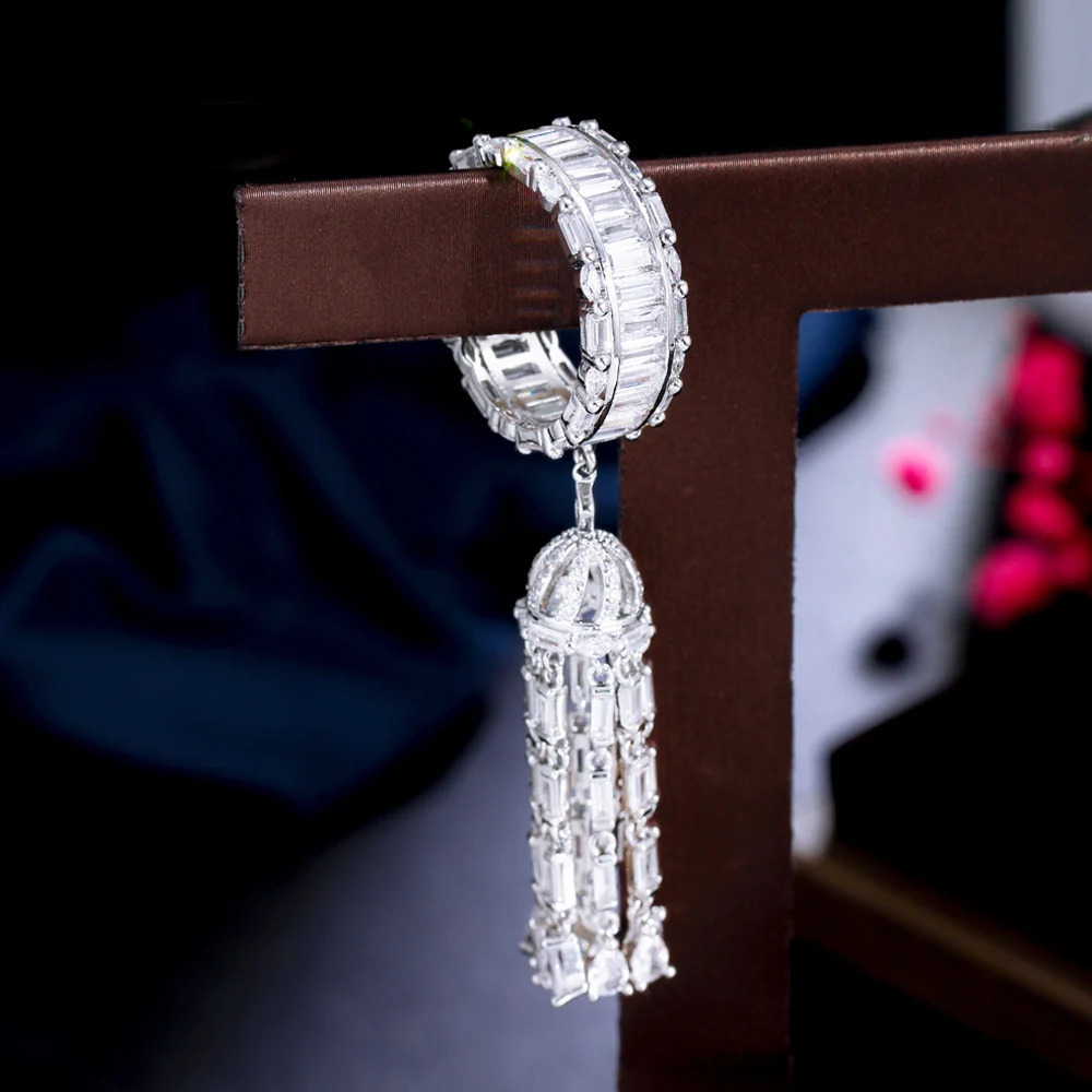 Three layer fashion cubic zirconia long tassel charm elegant engagement ring female bride wedding ball jewelry R225 240723