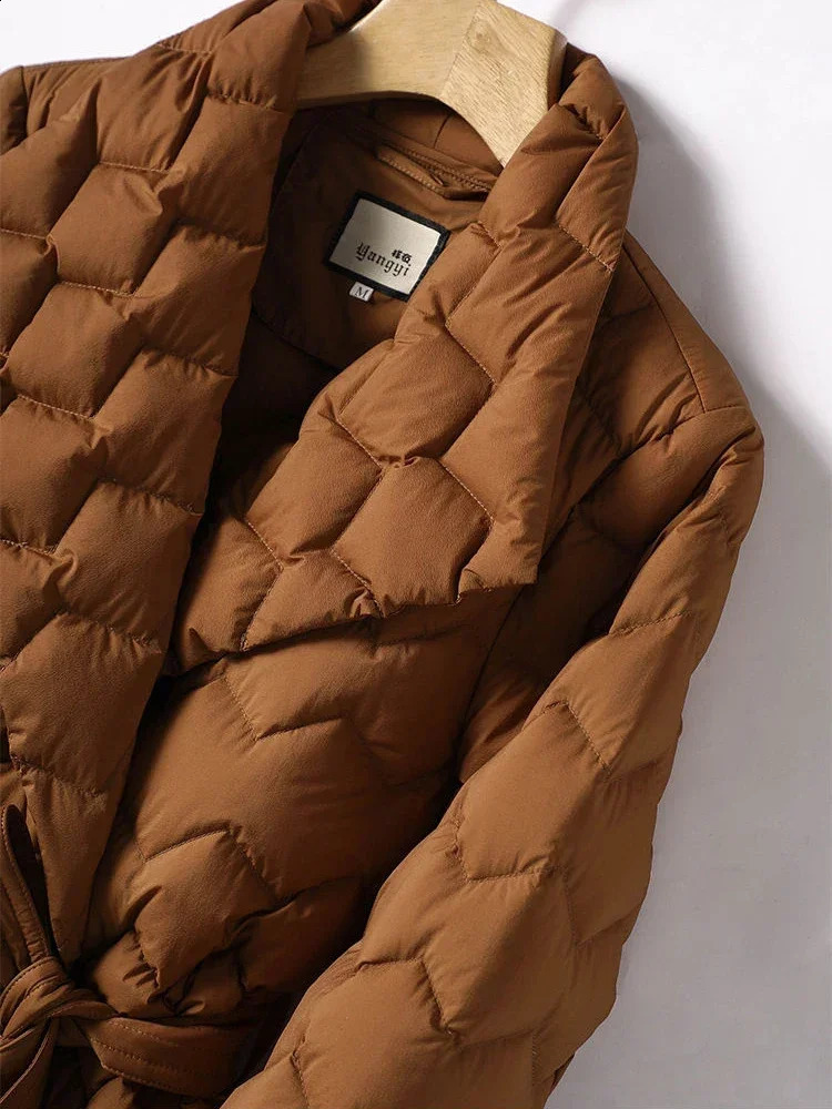 Lightweight Down Jacket with Belt Women Elegant Tie Belt Long Cotton White Duck Down Parka Female Ladies Jackets Winter 2024 240729