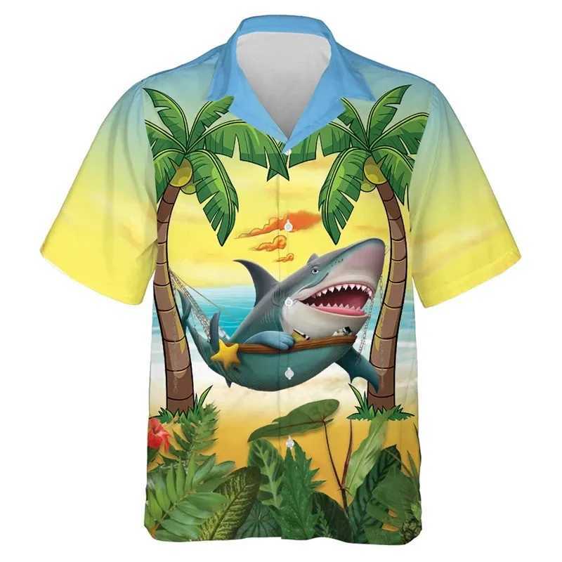 Shark Shirt for Childrens Clothing Funny Animal Graphic Beach Shirt Collar Shirt Vacation Short Sleeve TopW240729