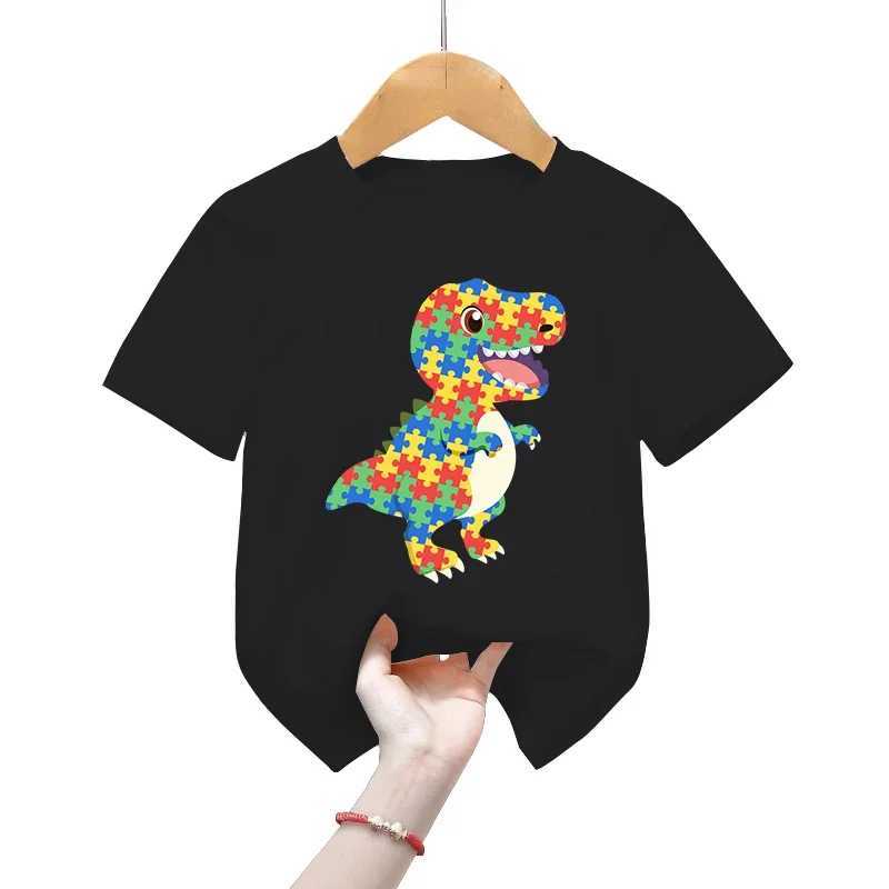 T-shirts Autism Awareness T-Shirts Childrens Short Sleeve Clothing Animal Color Mosaic Dinosaurs Tops Boys Girls Casual Fashion T-ShirtsL24729